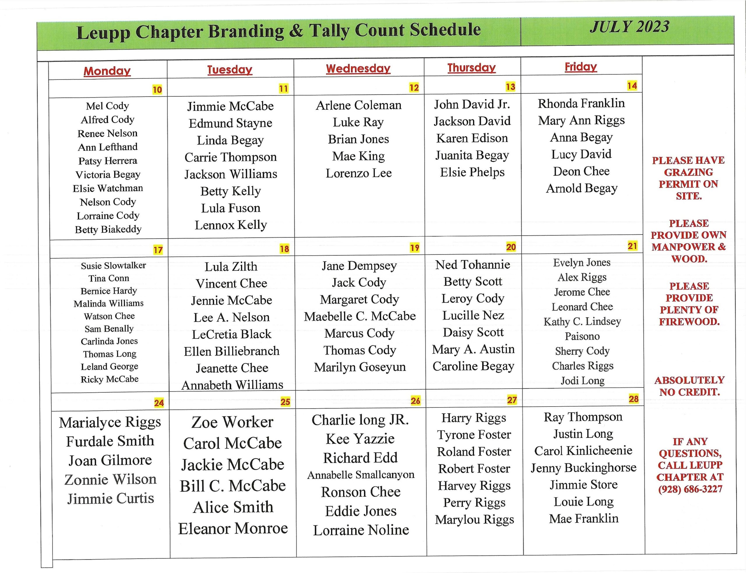 Leupp Branding schedule | Leupp